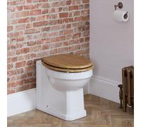 MILANO Back to Wall Toilet Pan with Oak Effect Seat Brushed Gold Hinges