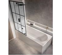 Milano Ballam White 1700mm x 750mm Single Ended Round Shower Bath Black Grid Screen Side Panel