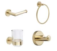 MILANO Bathroom Set Towel Ring Robe Hook Toilet Roll Holder Tumbler Brass | Brass & Glass Construction. 4 Piece Bathroom Accessory Set. Wall Mounted Installation. Contemporary Style. Concealed Fixings.