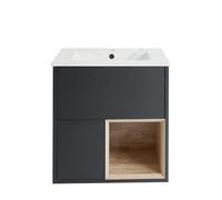 Milano Bexley Black Grey 612mm Wall Hung Bathroom Vanity Unit LED Lit Shelf Marble Effect Basin