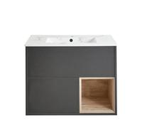 Milano Bexley Black Grey 812mm Wall Hung Bathroom Vanity Unit LED Lit Shelf Marble Effect Basin