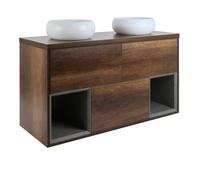 Milano Bexley Dark Oak 1200mm LED Lit Wall Hung Bathroom Vanity Unit Round Chalk Basins