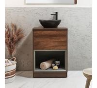 Milano Bexley Dark Oak 600mm LED Lit Bathroom Vanity Unit Oval Graphite Countertop Basin