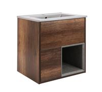 Milano Bexley Dark Oak 612mm Wall Hung Bathroom Vanity Unit LED Lit Open Shelf Pebble Basin