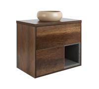 Milano Bexley Dark Oak 800mm LED Lit Wall Hung Bathroom Vanity Unit Round Sand Basin