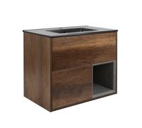 Milano Bexley Dark Oak 812mm Wall Hung Bathroom Vanity Unit LED Lit Open Shelf Graphite Basin