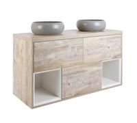 Milano Bexley Light Oak 1200mm LED Lit Wall Hung Bathroom Vanity Unit Round Pebble Basins