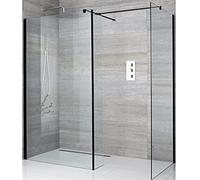 MILANO Black Corner Shower Enclosure 1000mm 760mm Screens Square Drain | Toughened Glass Panels. Aluminium Profile. Contemporary Style. Framed Design. Corner Installation. Square Tile Drain.