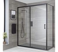 MILANO Black Corner Sliding Door Shower Enclosure Grey Tray 1700 x 800mm | Toughened Glass Panels. Aluminium Profile. Contemporary Style. Framed Design. Corner Installation. Light Grey Tray & Waste.