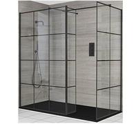 MILANO Black Grid Corner Shower Enclosure Return Graphite Tray 1700 x 800mm | Toughened Glass Panels. Aluminium Profile. Contemporary Style. Framed Design. Corner Installation. Graphite Tray & Waste.
