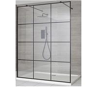 MILANO Black Grid Floating Glass Shower Enclosure White Tray 1400 x 760mm | Toughened Glass Panel. Aluminium Profile. Contemporary Style. Framed Floating Glass Design. White Tray & Waste.