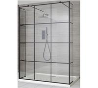 MILANO Black Grid Floating Glass Shower Enclosure White Tray 1400 x 760mm | Toughened Glass Panels. Aluminium Profile. Contemporary Style. Framed Floating Glass Design. White Tray.