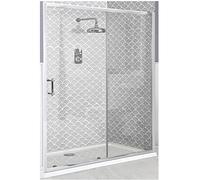 MILANO Chrome Sliding Door Shower Enclosure White Tray 1400 x 760mm | Toughened Glass Panel. Aluminium Profile. Traditional Style. Framed Design. Recessed Installation. White Tray & Waste.