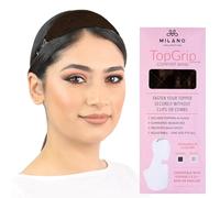 MILANO COLLECTION Glueless Top Grip for Hair Topper & Wiglets, Adjustable Translucent Strap with Side Openings, Top Headband for Your Wig or Topper, Includes Clips, Brown, Small