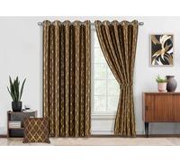 MILANO COLLECTIONS® Metallic Foil - Golden Jacquard Pattern Blackout Curtains for Bedroom & Living Room - 2 Panels with Tiebacks & 4 Cushion Covers - (Brown)