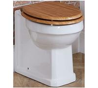 MILANO Comfort Height Back to Wall Toilet Pan Oak Effect Seat Gold Hinges | Ceramic Construction. Floorstanding Design. Traditional Style. Back To Wall Pan. Engineered Wood Seat.