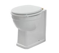 MILANO Comfort Height Back to Wall Toilet Pan White Seat Brass Hinges | Ceramic Construction. Floorstanding Design. Traditional Style. Back To Wall Pan. Engineered Wood Seat.