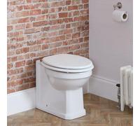 MILANO Comfort Height Back to Wall Toilet Pan with White Seat Chrome Hinges | Ceramic Construction. Floorstanding Design. Traditional Style. Back To Wall Pan. Engineered Wood Seat.
