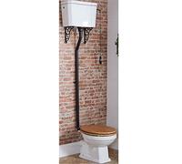 MILANO Comfort Height High Level Cistern Toilet WC Oak Seat Black Flush Kit | Ceramic Construction. Engineered Wood Seat. Traditional Style. Floorstanding Design. Ceramic Pull Chain Handle.