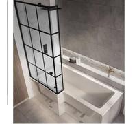 Milano Elswick White 1500mm x 850mm Left Hand Square Shower Bath Black Grid Screen