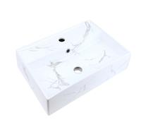 Milano Elswick White Marble Effect Wall Hung Rectangular 1 Tap Hole Bathroom Basin Sink - 500mm x 350mm