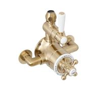 MILANO Exposed Twin Thermostatic Mixer Shower Valve Brushed Brass | Brass Construction. Lever & Crosshead Handles. Thermostatic Operation. Traditional Style. Suitable For All Plumbing Systems.