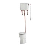 MILANO High Level Cistern Toilet Brushed Copper Flush Kit White Seat | Ceramic & Brass Construction. Engineered Wood Seat. Traditional Style. High Level Cistern Design. Ceramic Pull Chain Handle.