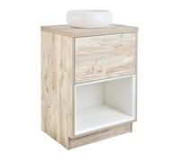 MILANO Light Oak 600mm Bathroom Vanity Unit Round Chalk Countertop Basin | Engineered Wood Unit. Ceramic Basin. Contemporary Style. Floorstanding Design. Soft Close Mechanism. Ready Assembled.