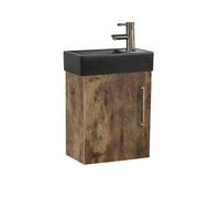 Milano Lurus 400mm Dark Oak Wall Hung Bathroom Vanity Unit Black Basin Gold Bar Handle