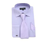 Milano Moda Mens Solid Classic Dress Shirt with Tie, Hankie & French Cuffs SG27 - Purple - 16"-16.5" Neck 34"-35" Sleeve
