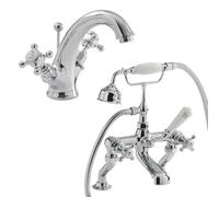 MILANO Mono Bathroom Basin Mixer Tap Bath Tap Hand Shower Chrome White | Brass Construction. Basin & Bath Tap Set. Traditional Style. Lever Handle Design. Ceramic Disc Technology.