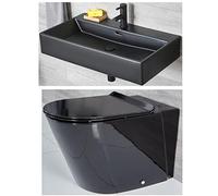 Milano Nero Black Ceramic Back to Wall Toilet WC Pan Wall Hung 1 Tap Hole Bathroom Basin Sink