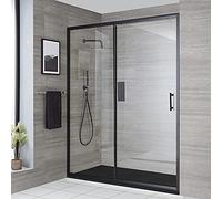 Milano Nero Black Walk in Sliding Door Shower Enclosure Graphite Tray - 1700mm x 900mm