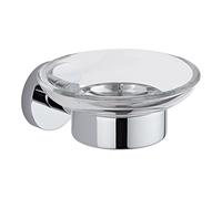 MILANO Round Wall Mounted Bathroom Glass Soap Dish Chrome Holder | Toughened Glass Soap Dish. Brass Holder. Wall Mounted Installation. Contemporary Style. Concealed Fixings.