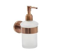 MILANO Round Wall Mounted Glass Soap Dispenser Brushed Copper Holder | Frosted Glass Soap Dispenser. Brass Holder. Wall Mounted Installation. Contemporary Style. Concealed Fixings.