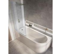 MILANO White 1700 x 725mm Left Hand J Shaped Corner Shower Bath Gold Screen | Acrylic & Toughened Glass Construction. Generous Bathing Capacity. Aluminium Profile. Contemporary Style. Adjustable Feet.