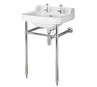 MILANO White Ceramic 2 Tap Hole Bathroom Basin Sink Washstand 500 x 350mm | Ceramic Basin. Stainless Steel Washstand. Traditional Style. Floorstanding Installation. Fitted With 2 Tap Holes.
