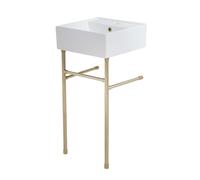 MILANO White Square 1 Tap Hole Bathroom Basin Brass Washstand 410 x 410mm | Ceramic Basin. Stainless Steel Washstand. Contemporary Style. Floorstanding Design. Fitted With 1 Tap Hole. Fixing Kit.