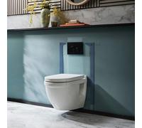 MILANO White Wall Hung Round Toilet Frame Black Round Flush Plate | Ceramic & Steel Construction. Wall Hung Pan. Contemporary Style. Dual Flush Cistern. Built-In Or Plasterboard Installation.