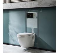 MILANO White Wall Hung Round Toilet Frame Black Round Flush Plate | Ceramic & Steel Construction. Wall Hung Pan. Contemporary Style. Dual Flush Cistern. Built-In Or Plasterboard Installation.