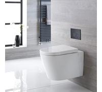 MILANO White Wall Hung Round Toilet Frame Black Round Flush Plate | Ceramic & Steel Construction. Wall Hung Pan. Contemporary Style. Dual Flush Cistern. Built-In Or Plasterboard Installation.