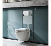 MILANO White Wall Hung Round Toilet Frame Chrome Round Flush Plate | Ceramic & Steel Construction. Wall Hung Pan. Contemporary Style. Dual Flush Cistern. Built-In Or Plasterboard Installation.