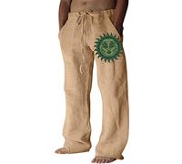 MILAX Linen Trousers, Men's Casual Trousers, Long, Lightweight Summer Trousers, Beach Trousers, Linen, Loose fit, Casual Trousers, Casual, Plain Beach Trousers, Comfortable, Loose, Zz03#khaki, M