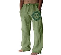 MILAX Linen Trousers, Men's Casual Trousers, Long, Lightweight Summer Trousers, Beach Trousers, Linen, Loose fit, Casual Trousers, Casual, Plain Beach Trousers, Comfortable, Loose, Zz03#green, XL