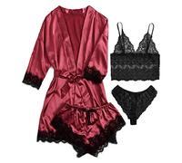 MILAX Matching Pyjamas for Women UK 4PC Pajama Set Floral Lace Trim Satin Dressing Gown Sexy Pjs Kimono Robes Short Bathrobe Nightwear Loungewear Sleepwear Lingerie Sets Wine