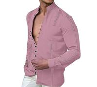 MILAX Men's Casual Cotton Linen Long-Sleeve Henley Shirt Men's Long Sleeve Cotton Linen Shirt Casual Collarless Henley Shirt Mens Linen Shirt Grandad Collar Short Pink