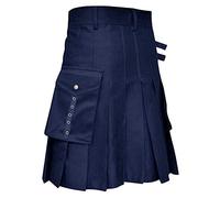 MILAX Military Wedding Utility Kilts Highland Skirt Men Plain Tartan Utility Kilts Vintage Kilt Men's Leather Straps Kilts Skirts with Cargo Pockets, H04-navy