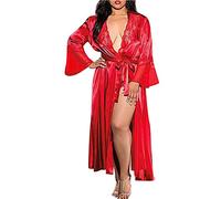 MILAX Womens Long Satin Lightweight Dressing Gown Comfy Nightwear Casual Bathrobe Home Clothes Sexy Satin Dressing Gown Women Lingerie Lace Trim Dressing Gown Red