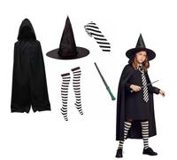 Mildred Hubble Witch Costume Set - 5-Piece Halloween Fancy Dress Outfit for Kids & Adults with Hat, Cape, Wand, Striped Tie & Stockings