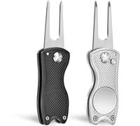 Mile High Life 2 Pieces Golf Divot Repair Tool w Magnetic Golf Ball Marker | All Metal Foldable Divot Tool w Pop-up Button | Golf Accessories for Men (Black and Silver)